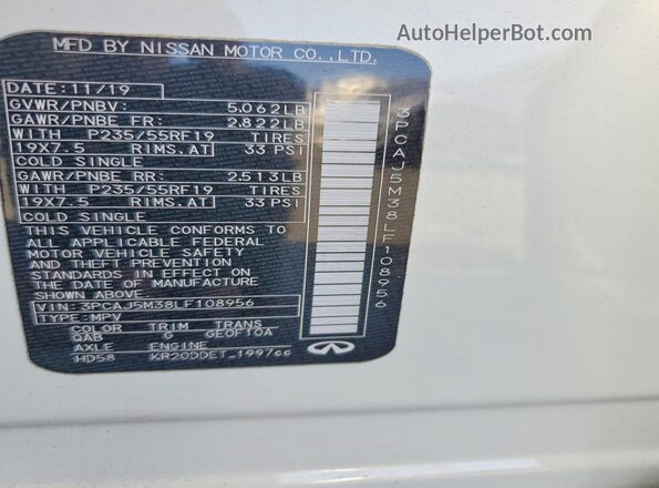 3PCAJ5M38LF108956 2020 INFINITI QX50 White VIN կոդի պիտակի տեսք