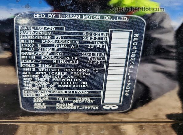 3PCAJ5M38LF117026 2020 INFINITI QX50 Black VIN կոդի պիտակի տեսք