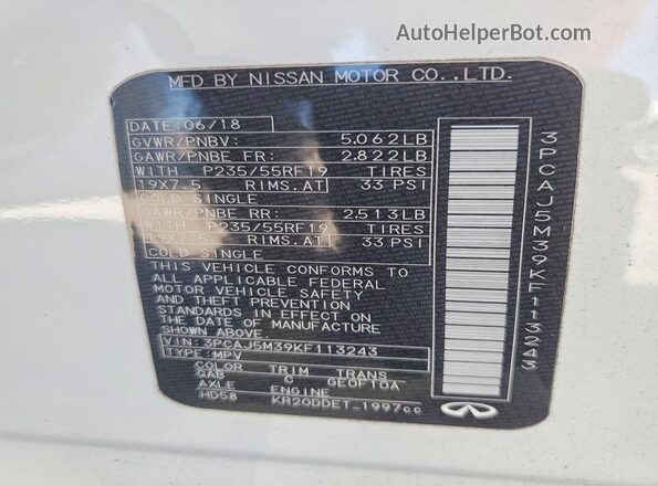 3PCAJ5M39KF113243 2019 INFINITI QX50 White VIN sticker view
