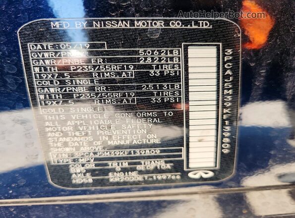 3PCAJ5M39KF139809 2019 INFINITI QX50 Blue VIN sticker view