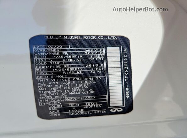 3PCAJ5M39LF116287 2020 INFINITI QX50 White VIN sticker view