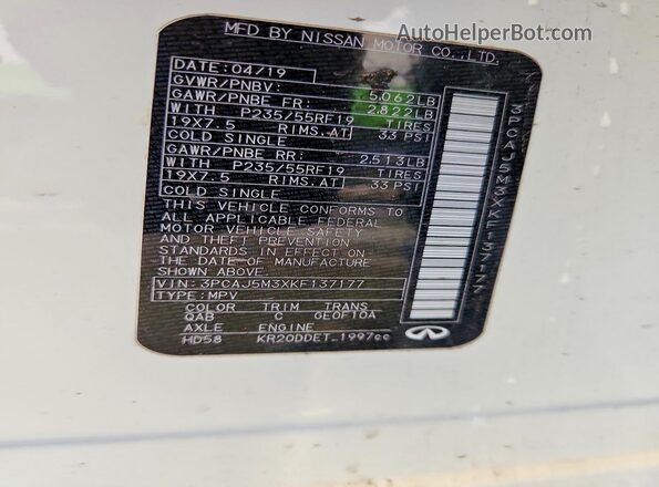 3PCAJ5M3XKF137177 2019 INFINITI QX50 White VIN sticker view