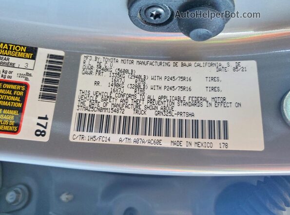 3TMAZ5CN0MM154872 2021 TOYOTA TACOMA Gray Vista del compartimento del motor