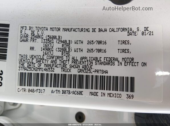 3TMAZ5CN2MM146532 2021 TOYOTA TACOMA White ძრავის განყოფილების ხედი