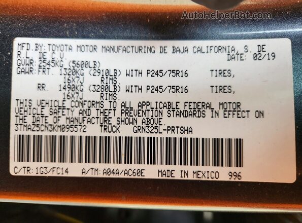 3TMAZ5CN3KM095572 2019 TOYOTA TACOMA Gray VIN sticker view