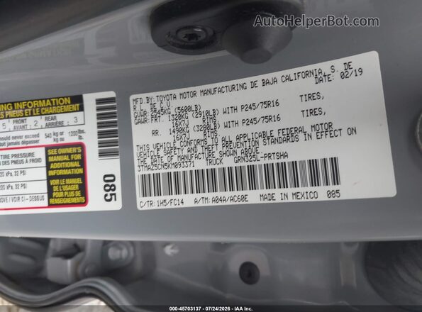3TMAZ5CN5KM093371 2019 TOYOTA TACOMA Silver Вид підкапотного простору