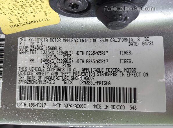 3TMAZ5CN6MM154312 2021 TOYOTA TACOMA Gray Շարժիչի բաժամունքի տեսք
