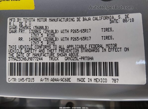 3TMAZ5CN8JM077244 2018 TOYOTA TACOMA Серый Вид подкапотного пространства