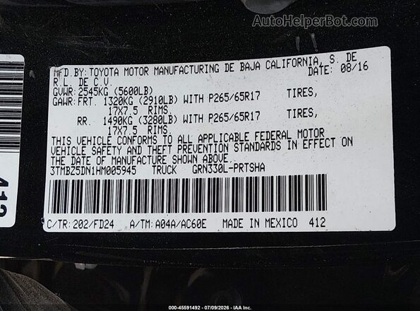 3TMBZ5DN1HM005945 2017 TOYOTA TACOMA Черный Вид подкапотного пространства