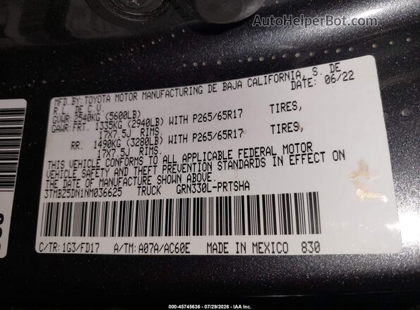3TMBZ5DN1NM036625 2022 TOYOTA TACOMA Gray Vista del compartimento del motor