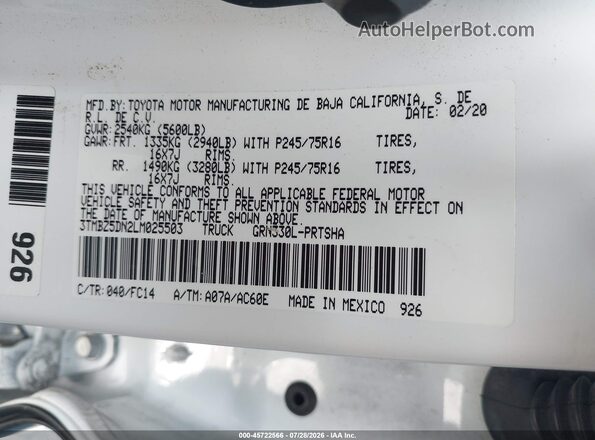 3TMBZ5DN2LM025503 2020 TOYOTA TACOMA White Вид підкапотного простору