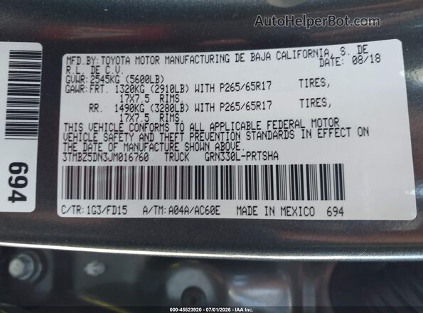 3TMBZ5DN3JM016760 2018 TOYOTA TACOMA Gray Widok komory silnika
