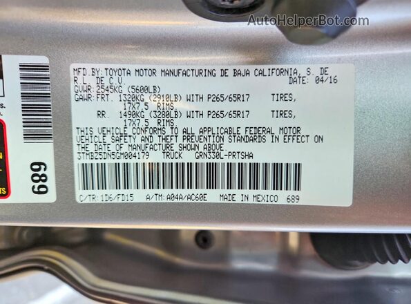 3TMBZ5DN5GM004179 2016 TOYOTA TACOMA Серебряный Вид наклейки с VIN-кодом