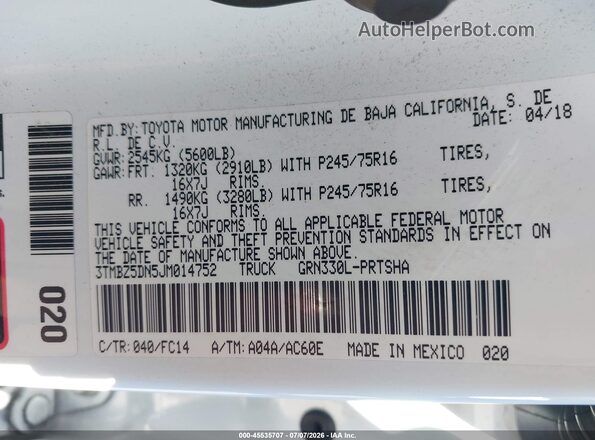 3TMBZ5DN5JM014752 2018 TOYOTA TACOMA Белый Вид подкапотного пространства