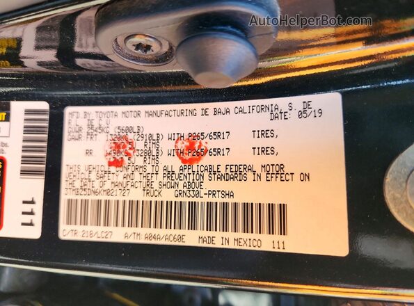 3TMBZ5DN6KM021727 2019 TOYOTA TACOMA Черный Вид наклейки с VIN-кодом