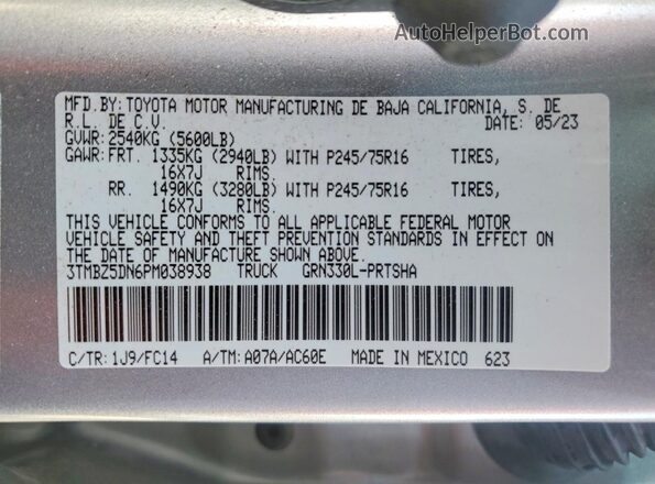 3TMBZ5DN6PM038938 2023 TOYOTA TACOMA Silver Вид підкапотного простору