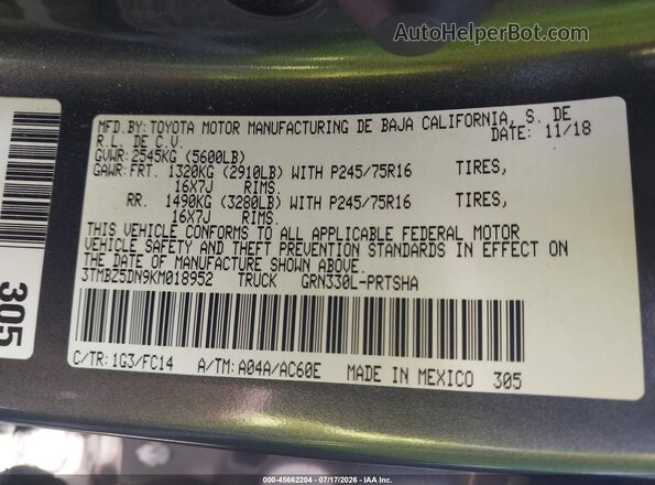 3TMBZ5DN9KM018952 2019 TOYOTA TACOMA Gray Вид підкапотного простору