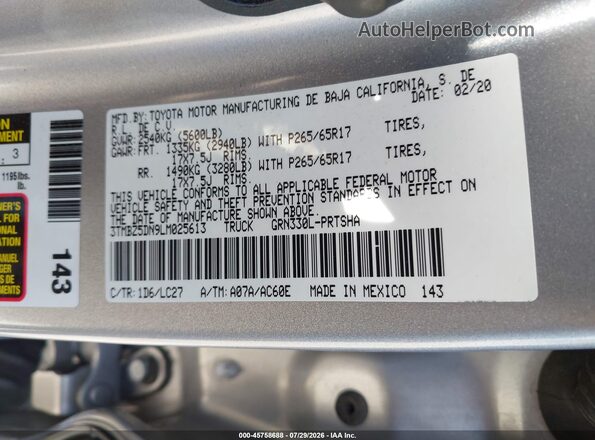 3TMBZ5DN9LM025613 2020 TOYOTA TACOMA Silver Շարժիչի բաժամունքի տեսք