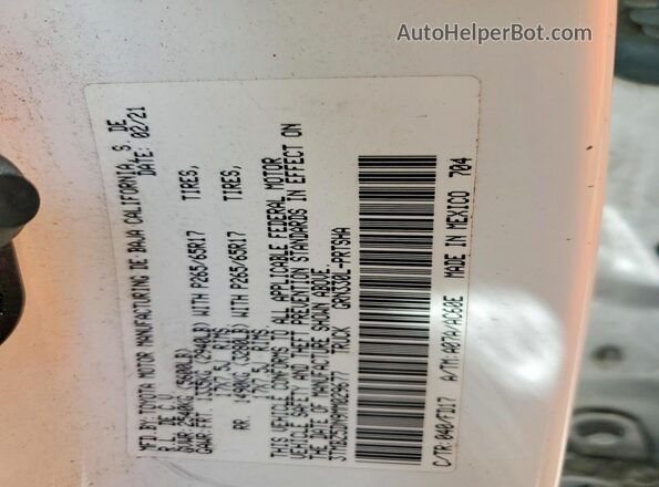3TMBZ5DN9MM029677 2021 TOYOTA TACOMA White Вид наклейки з VIN-кодом