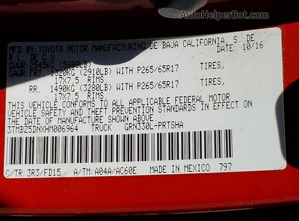 3TMBZ5DNXHM006964 2017 TOYOTA TACOMA Red Շարժիչի բաժամունքի տեսք
