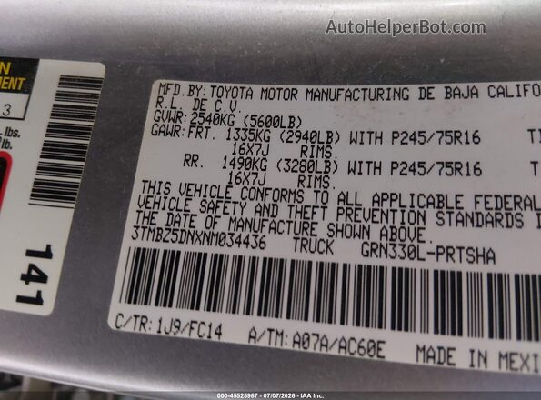 3TMBZ5DNXNM034436 2022 TOYOTA TACOMA Gray Շարժիչի բաժամունքի տեսք