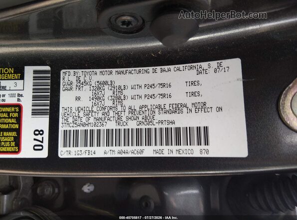 3TMCZ5AN0HM102367 2017 TOYOTA TACOMA Gray Вид підкапотного простору