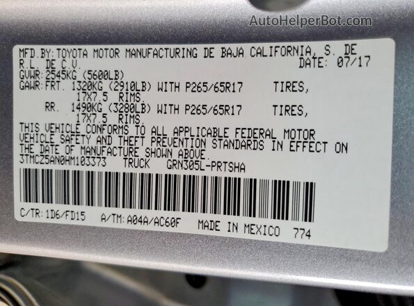 3TMCZ5AN0HM103373 2017 TOYOTA TACOMA Silver Вид підкапотного простору