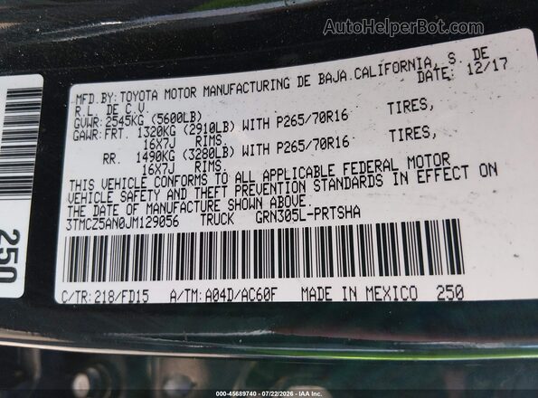 3TMCZ5AN0JM129056 2018 TOYOTA TACOMA Black Вид підкапотного простору