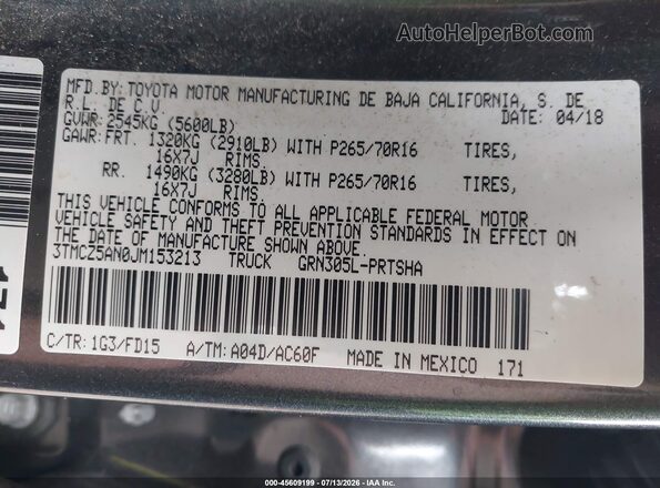 3TMCZ5AN0JM153213 2018 TOYOTA TACOMA Gray Շարժիչի բաժամունքի տեսք
