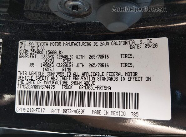 3TMCZ5AN0MM374475 2021 TOYOTA TACOMA Black Շարժիչի բաժամունքի տեսք
