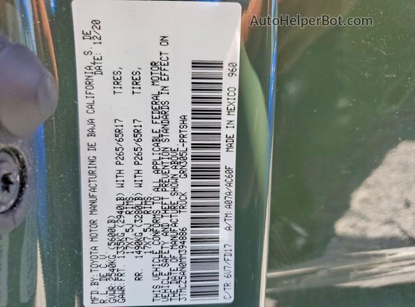 3TMCZ5AN0MM394886 2021 TOYOTA TACOMA Зеленый Вид наклейки с VIN-кодом