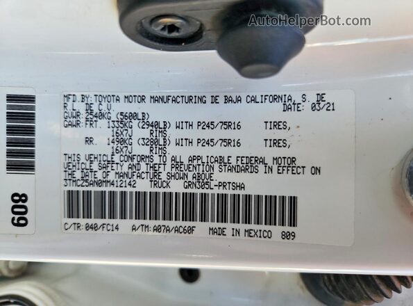 3TMCZ5AN0MM412142 2021 TOYOTA TACOMA White VIN կոդի պիտակի տեսք