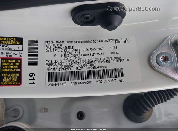 3TMCZ5AN0MM445528 2021 TOYOTA TACOMA White Շարժիչի բաժամունքի տեսք