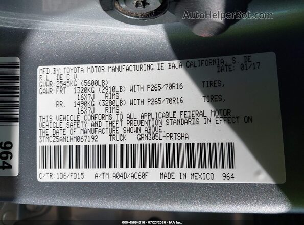 3TMCZ5AN1HM067192 2017 TOYOTA TACOMA Silver Вид підкапотного простору