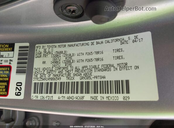 3TMCZ5AN1HM086549 2017 TOYOTA TACOMA Silver Շարժիչի բաժամունքի տեսք
