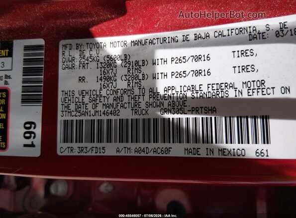 3TMCZ5AN1JM146402 2018 TOYOTA TACOMA Красный Вид подкапотного пространства