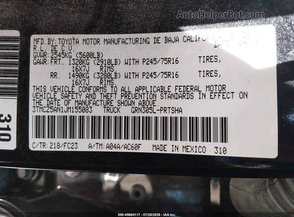 3TMCZ5AN1JM155083 2018 TOYOTA TACOMA Black Widok komory silnika