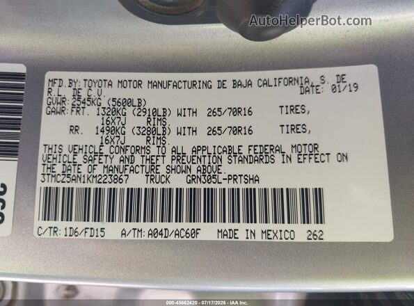 3TMCZ5AN1KM223867 2019 TOYOTA TACOMA Silver Շարժիչի բաժամունքի տեսք