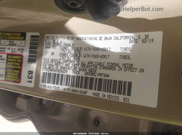 3TMCZ5AN1KM236229 2019 TOYOTA TACOMA Tan Շարժիչի բաժամունքի տեսք