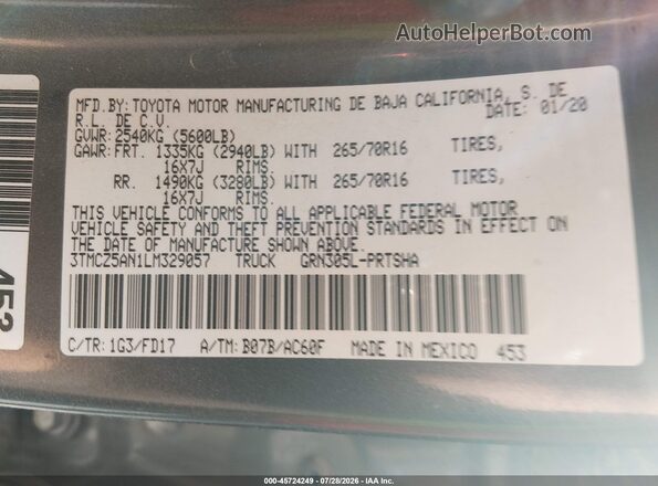 3TMCZ5AN1LM329057 2020 TOYOTA TACOMA Gray Вид підкапотного простору