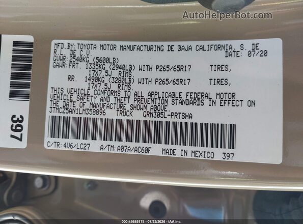 3TMCZ5AN1LM358896 2020 TOYOTA TACOMA Tan Vista del compartimento del motor