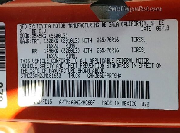 3TMCZ5AN2JM181630 2018 TOYOTA TACOMA Orange Widok komory silnika