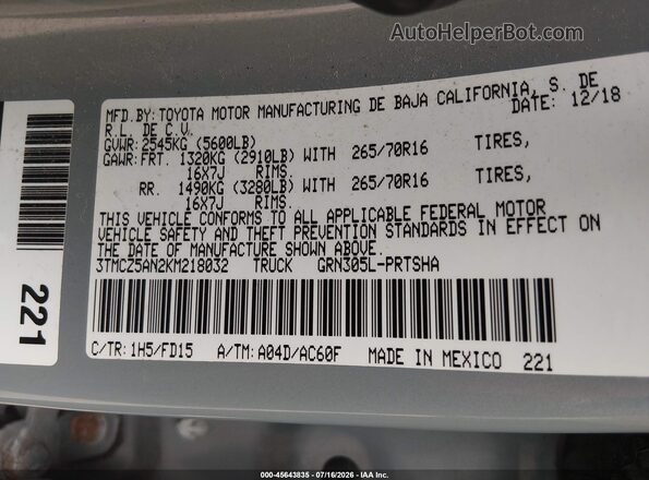 3TMCZ5AN2KM218032 2019 TOYOTA TACOMA Gray Vista del compartimento del motor