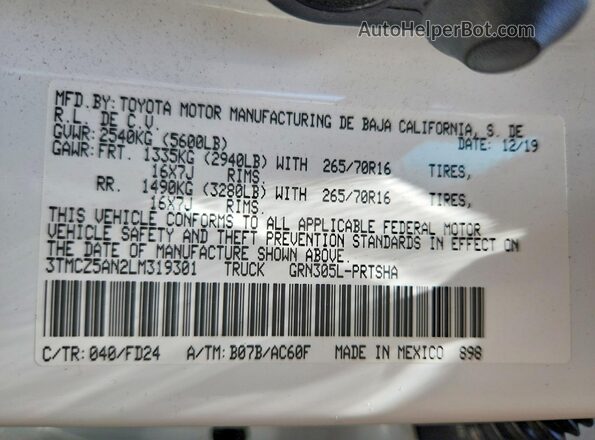 3TMCZ5AN2LM319301 2020 TOYOTA TACOMA White VIN կոդի պիտակի տեսք