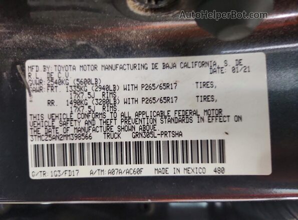 3TMCZ5AN2MM398566 2021 TOYOTA TACOMA Gray Вид підкапотного простору