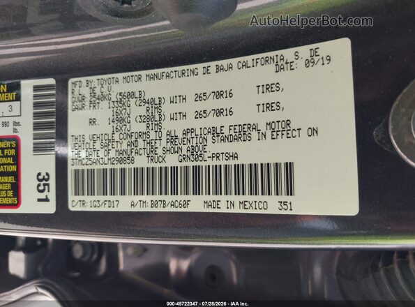 3TMCZ5AN3LM290858 2020 TOYOTA TACOMA Gray Widok komory silnika