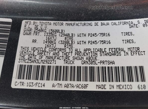 3TMCZ5AN3LM292271 2020 TOYOTA TACOMA Gray Engine compartment view
