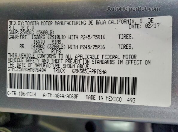 3TMCZ5AN4HM076484 2017 TOYOTA TACOMA Silver ძრავის განყოფილების ხედი