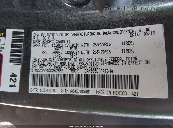 3TMCZ5AN4KM262890 2019 TOYOTA TACOMA Gray Engine compartment view