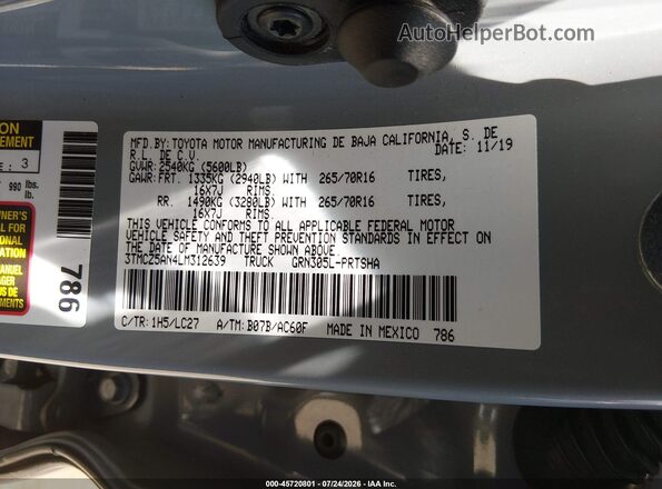 3TMCZ5AN4LM312639 2020 TOYOTA TACOMA Gray Շարժիչի բաժամունքի տեսք